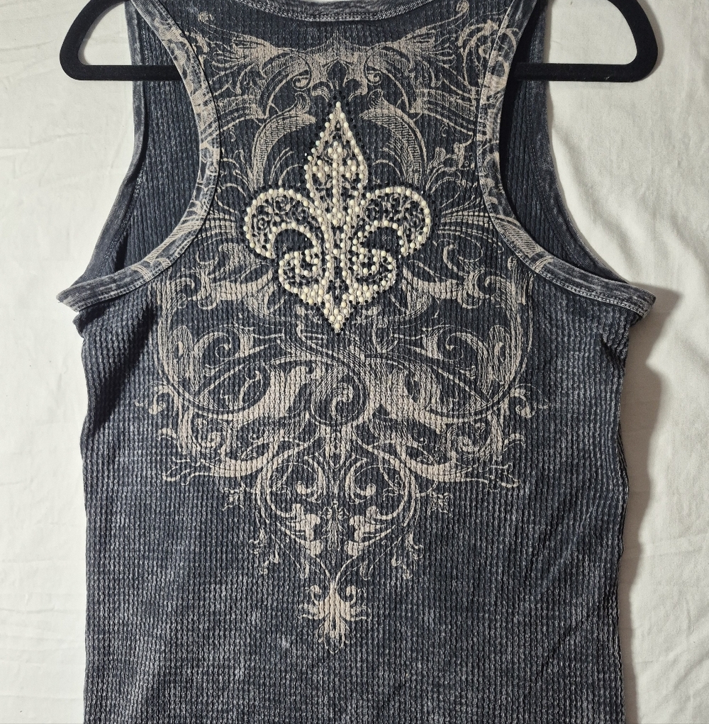 Vocal Dark Gray Fleur-de-Lis Embellished Tank Top Large - Picture 5 of 5